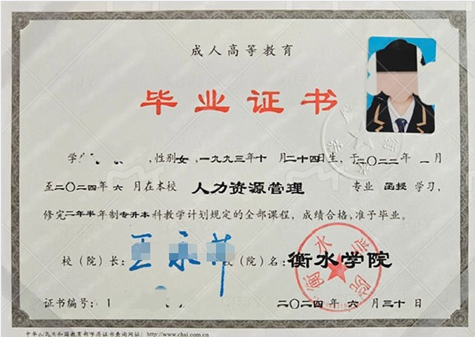 衡水学院2024年函授专升本科毕业证书样本图片（人力资源管理）